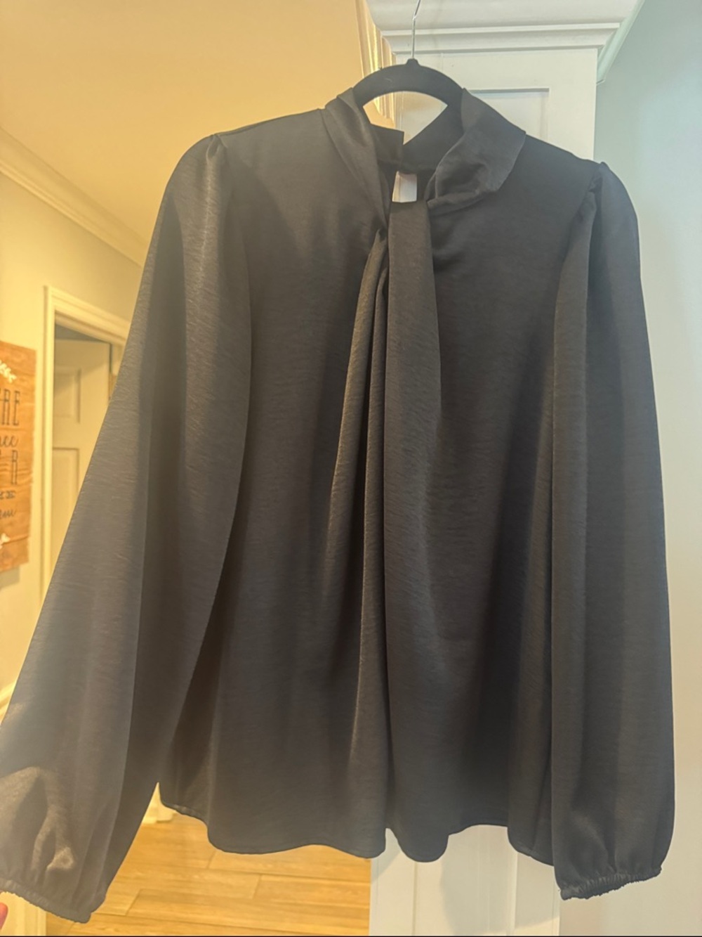 Black Long-Sleeve Tie-Neck Blouse